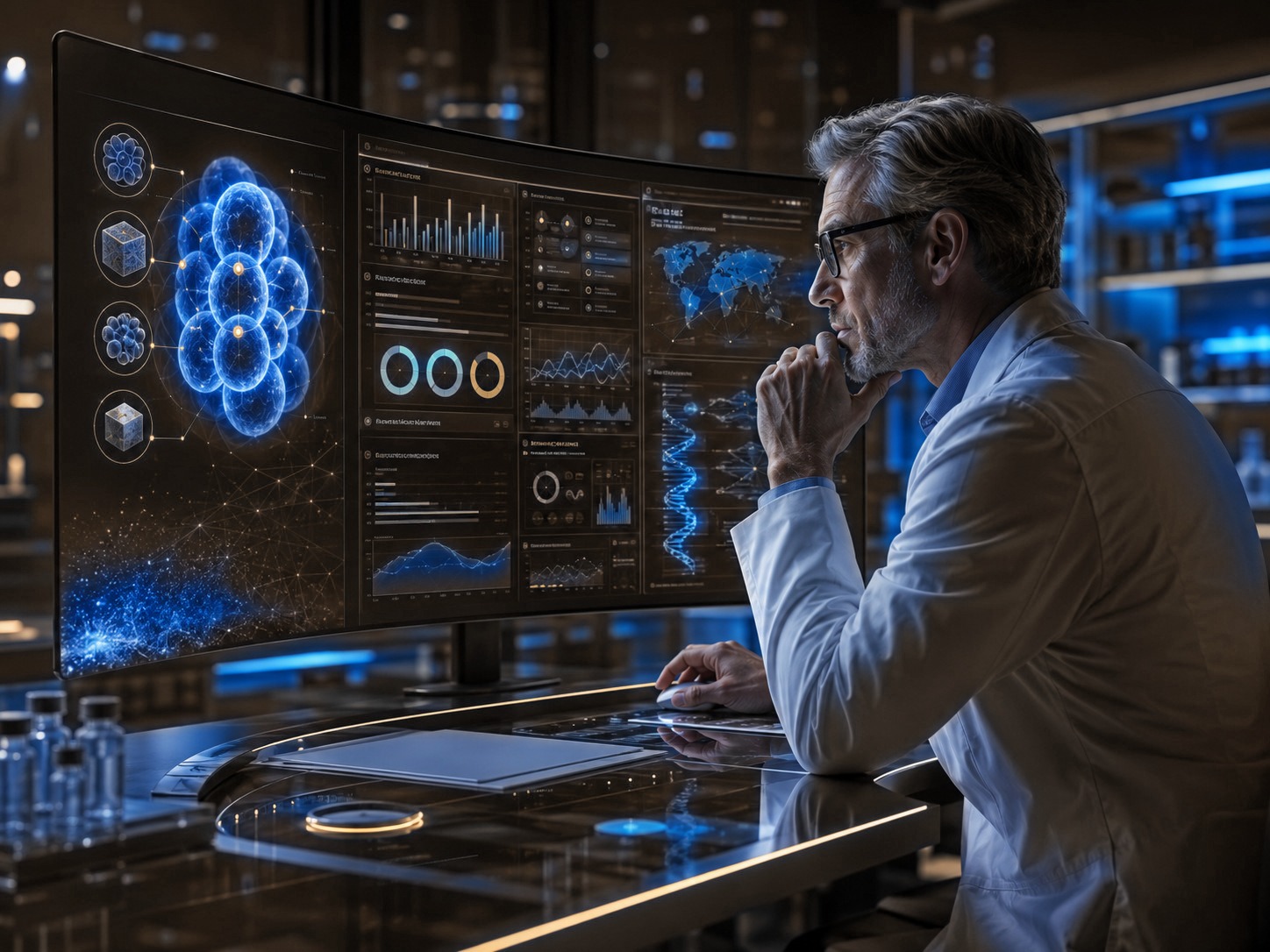 A clinician evaluating regenerative therapy data across a curved multi-panel display.