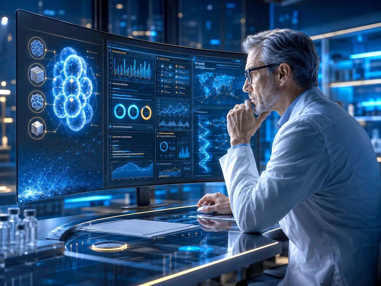 A clinician reviewing regenerative therapy data across a curved multi-panel display.