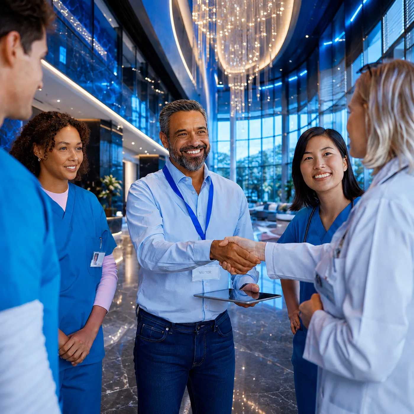 Clinicians and a Meridian representative meeting in a hotel lobby.