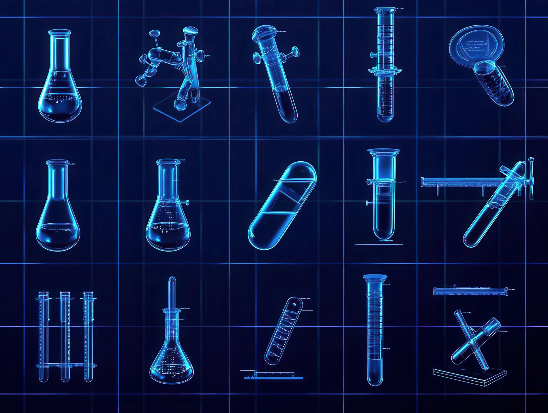 A blueprint-style array of laboratory glassware — the tissue-repair cascade and the cell populations under study.