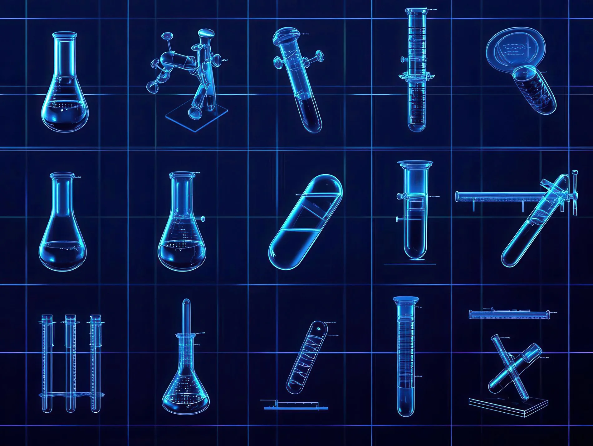 A blueprint-style array of laboratory glassware — the tissue-repair cascade and the cell populations under study.